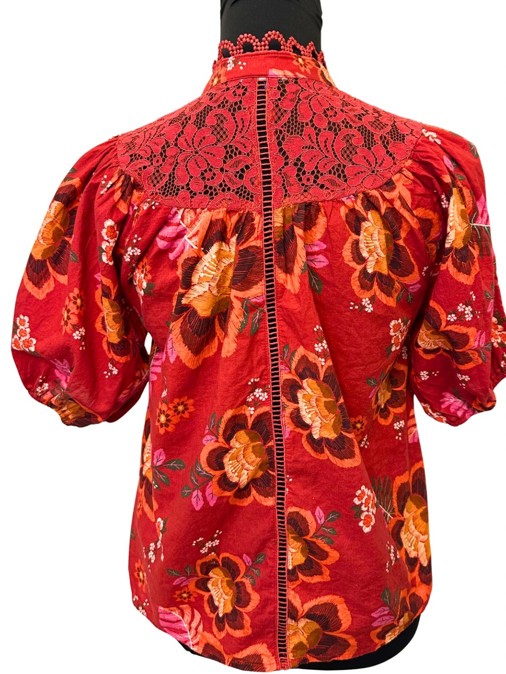 FARM Rio Women’s XS Floral Puff Sleeve Lace Button Blouse Red Boho Cottagecore - Picture 6 of 11